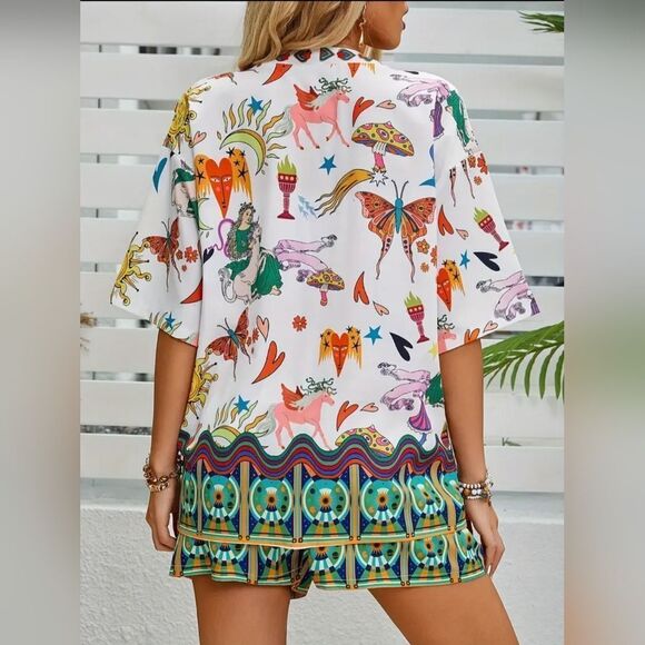 Colorful printed two-piece short set sz small - Picture 3 of 5